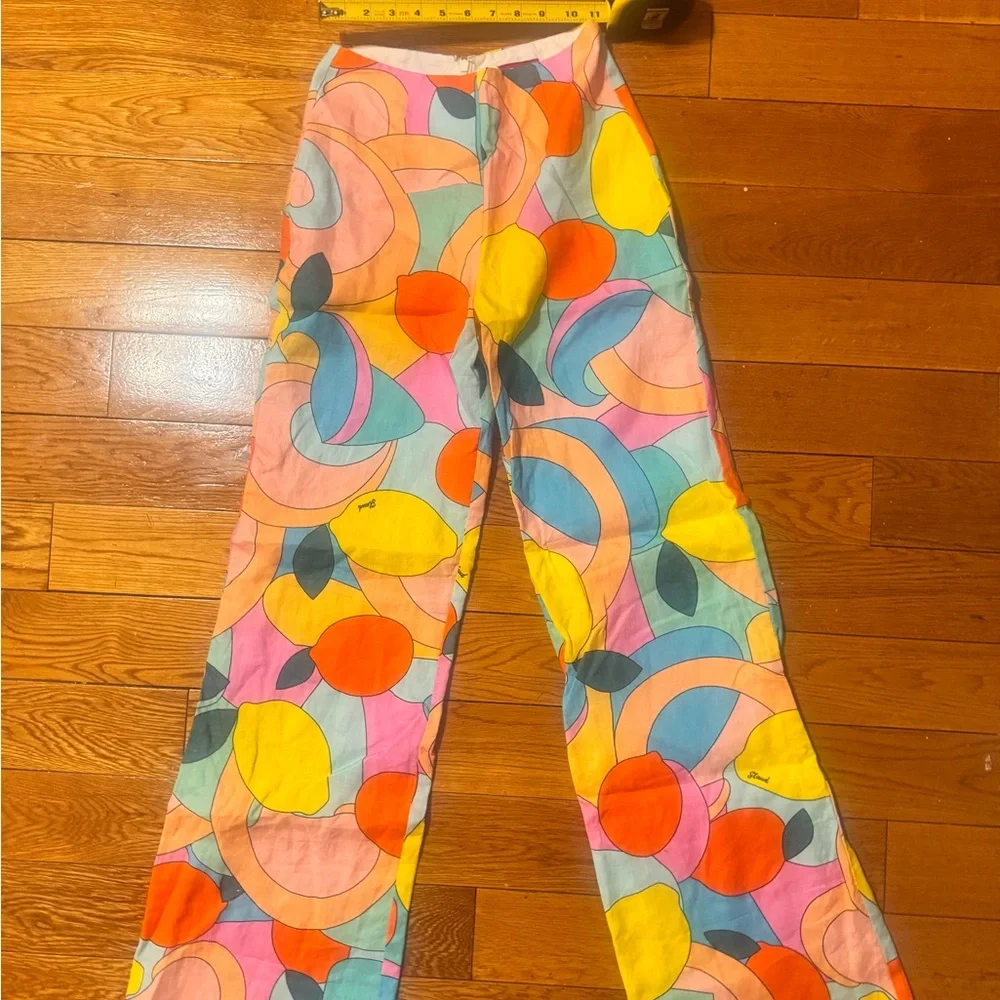 Staud Oscar Wide Leg Linen Pants Lemon Citrus Kaleidoscope Colorful Size 00 - Picture 3 of 4
